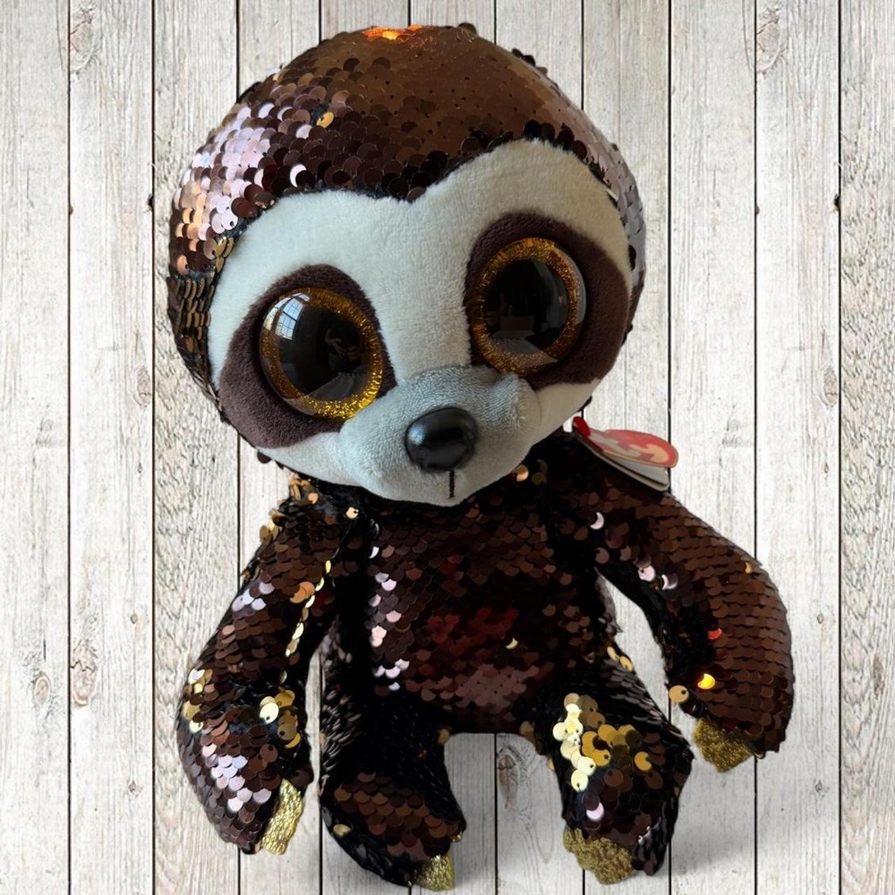 Ty Flippables Dangler Sloth Brown Gold Sequin Beanie Boo Plush Stuffed Animal